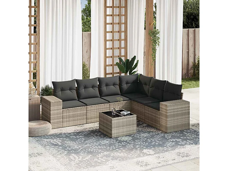 Salon de jardin avec coussins 7 pièces gris clair résine tressée