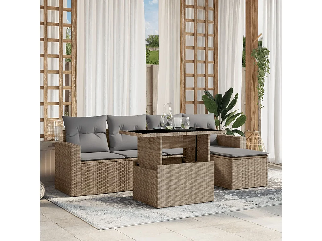 Salon de jardin avec coussins 6 pièces beige résine tressée