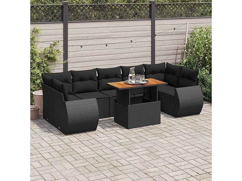 8-delige Loungeset met kussens poly rattan zwart