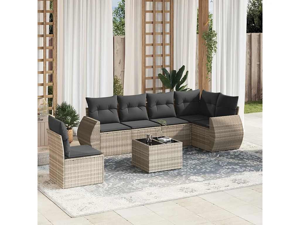 Salon de jardin avec coussins 7 pièces gris clair résine tressée