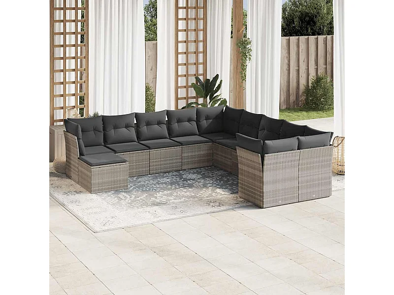 11 peças conjunto sofás de jardim com almofadões vime PE cinzento