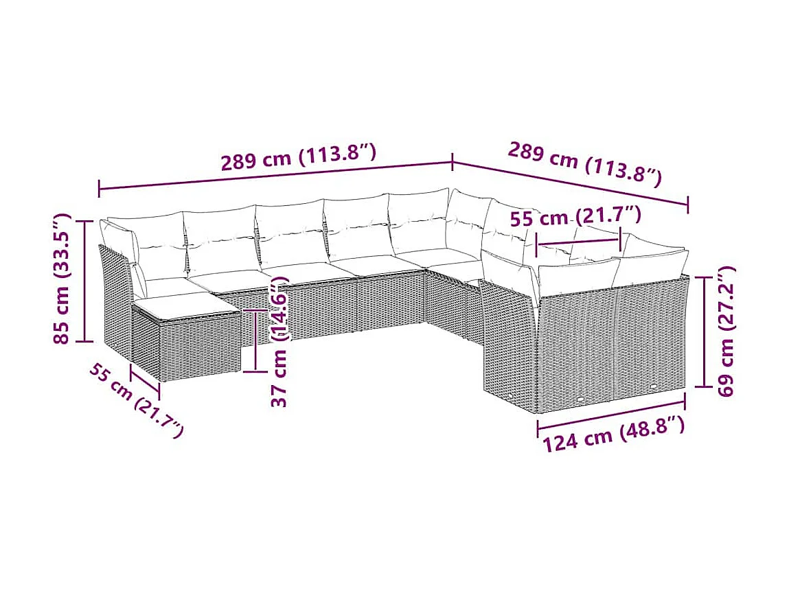 11 peças conjunto sofás de jardim com almofadões vime PE cinzento