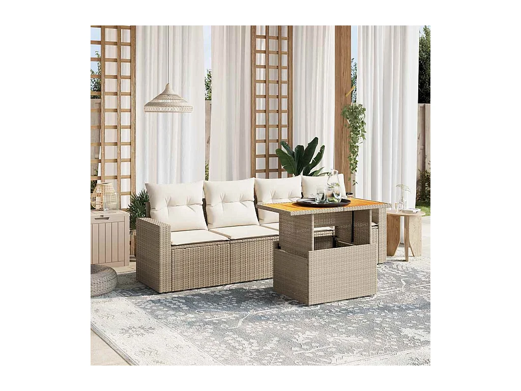 Salon de jardin avec coussins 5 pièces beige résine tressée