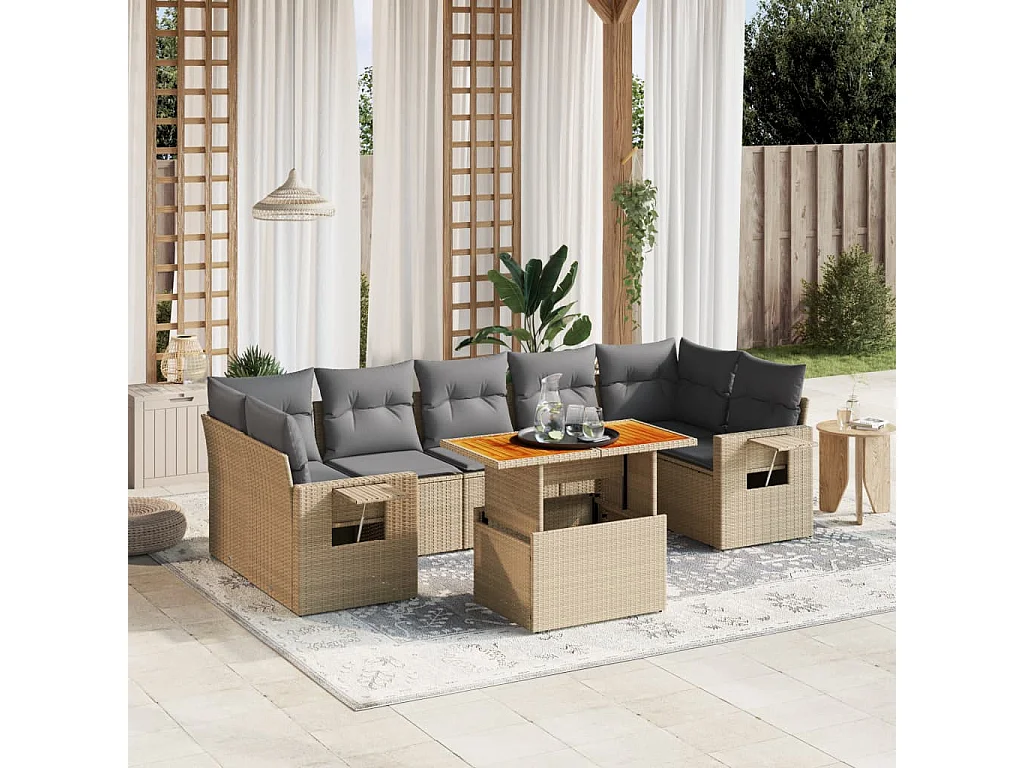 Salon de jardin avec coussins 8 pièces beige résine tressée