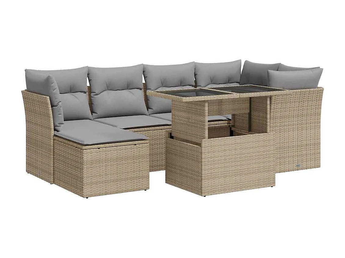 7 peças conjunto de sofás para jardim com almofadões vime PE bege