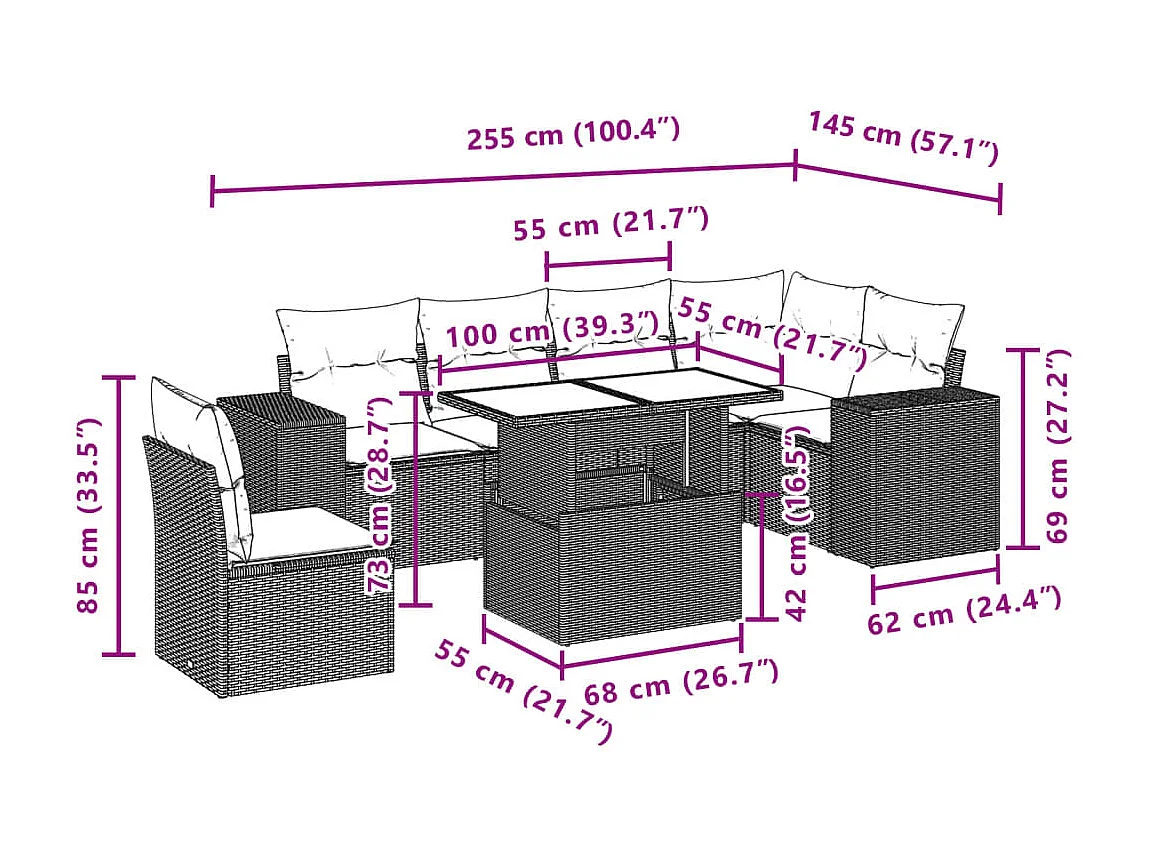 Salon de jardin avec coussins 7 pièces gris clair résine tressée