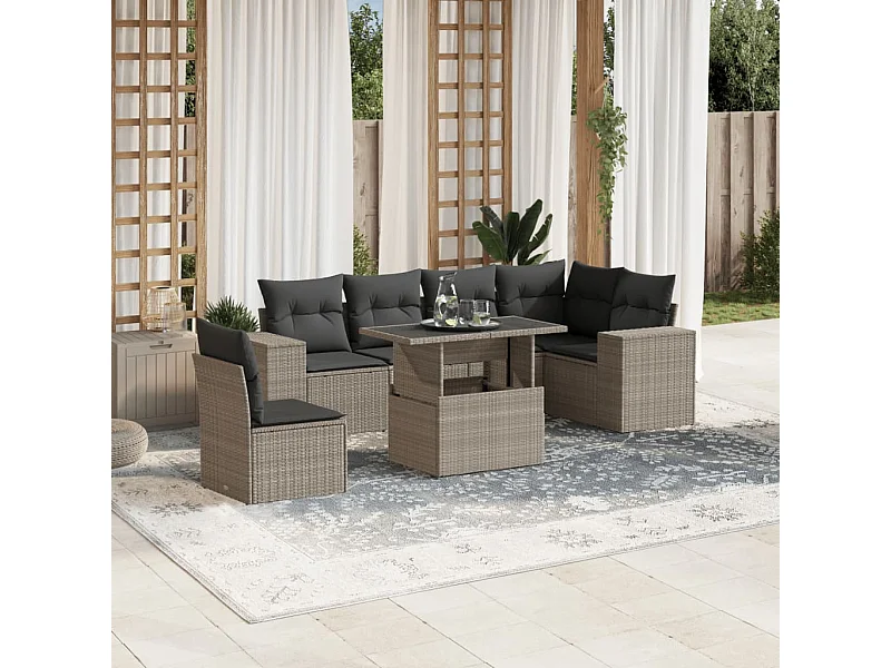 Salon de jardin avec coussins 7 pièces gris clair résine tressée