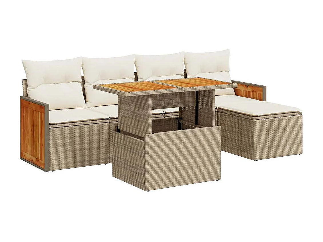 6 peças conjunto sofás jardim com almofadões vime PE/acácia bege