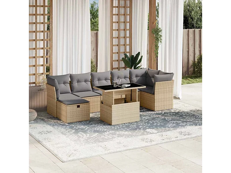 Salon de jardin avec coussins 8 pièces beige résine tressée