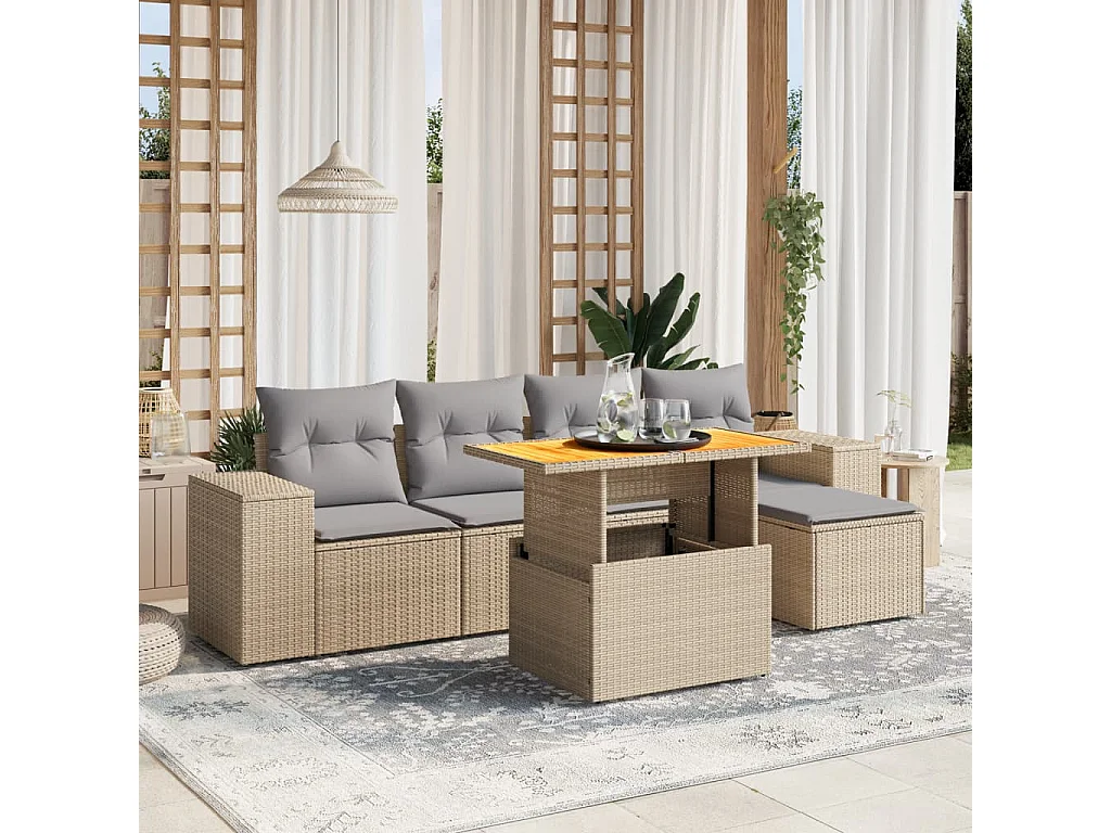 Salon de jardin avec coussins 6 pièces beige résine tressée