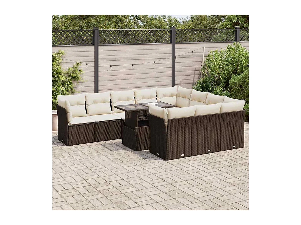 Salon de jardin et coussins 11 pièces marron résine tressée
