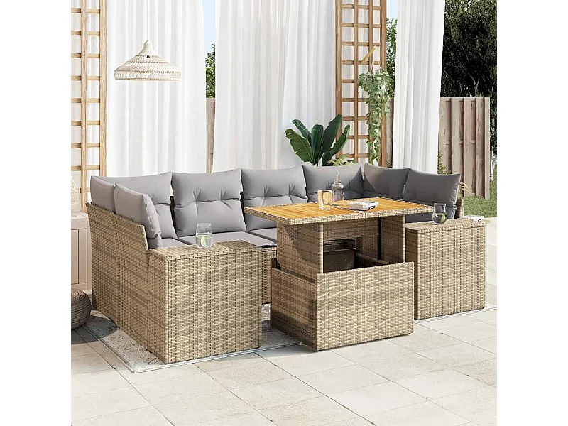 Salon de jardin avec coussins 7 pièces beige résine tressée