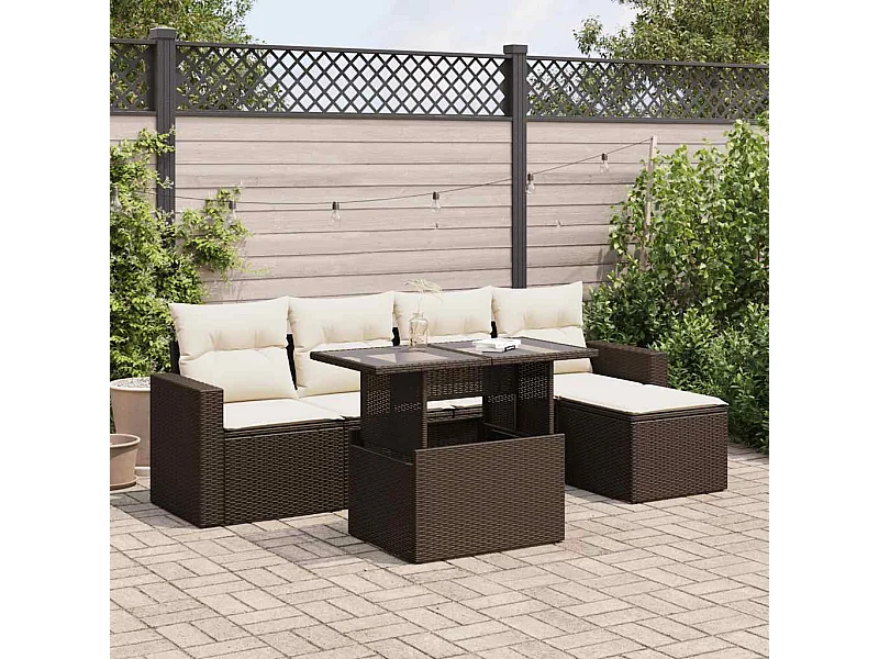 Set sofás de jardín 6 piezas y cojines ratán sintético marrón