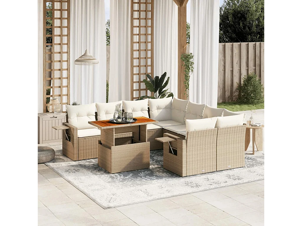 Salon de jardin avec coussins 8 pièces beige résine tressée