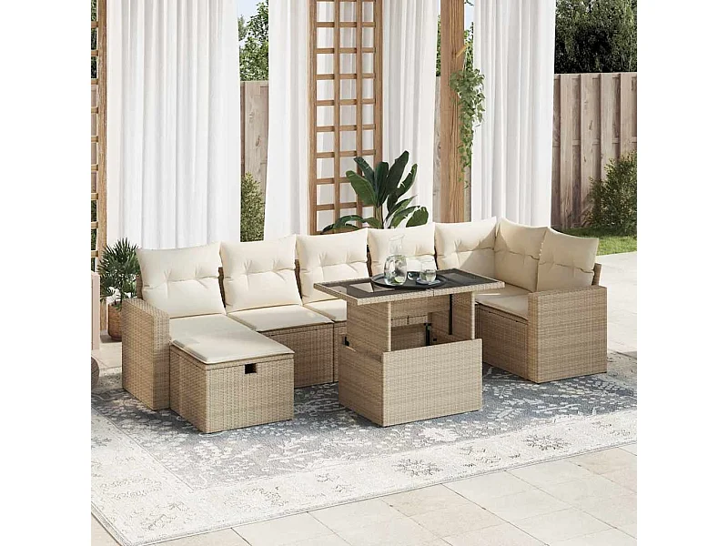 Salon de jardin avec coussins 8 pièces beige résine tressée