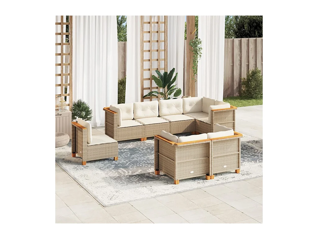 8 peças conjunto de sofás para jardim com almofadões vime PE bege