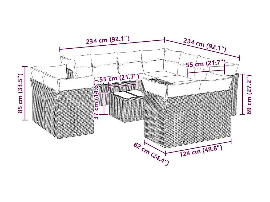 Set de sofás de jardín 12 piezas y cojines ratán sintético gris