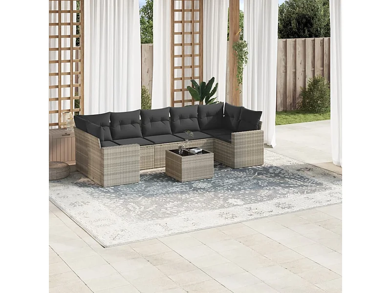 Salon de jardin 8 pièces avec coussins gris clair résine tressée