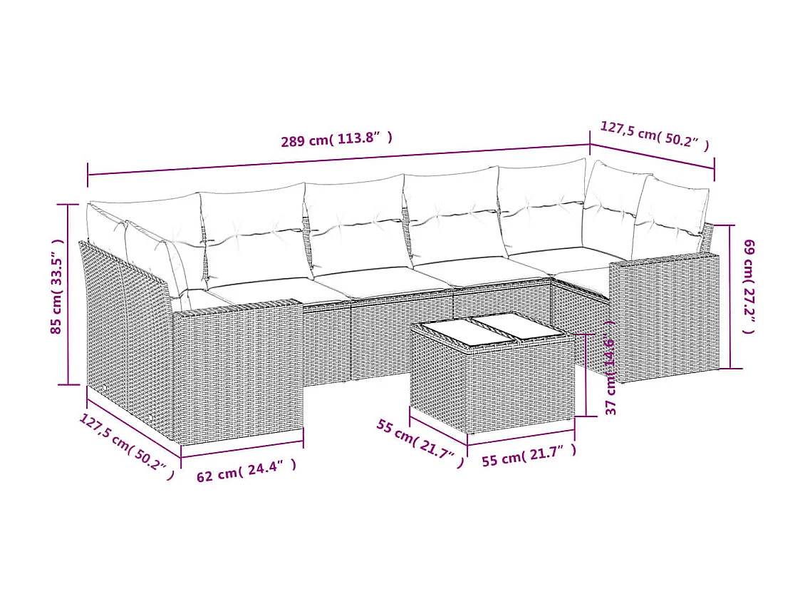 8-delige Loungeset met kussens poly rattan lichtgrijs