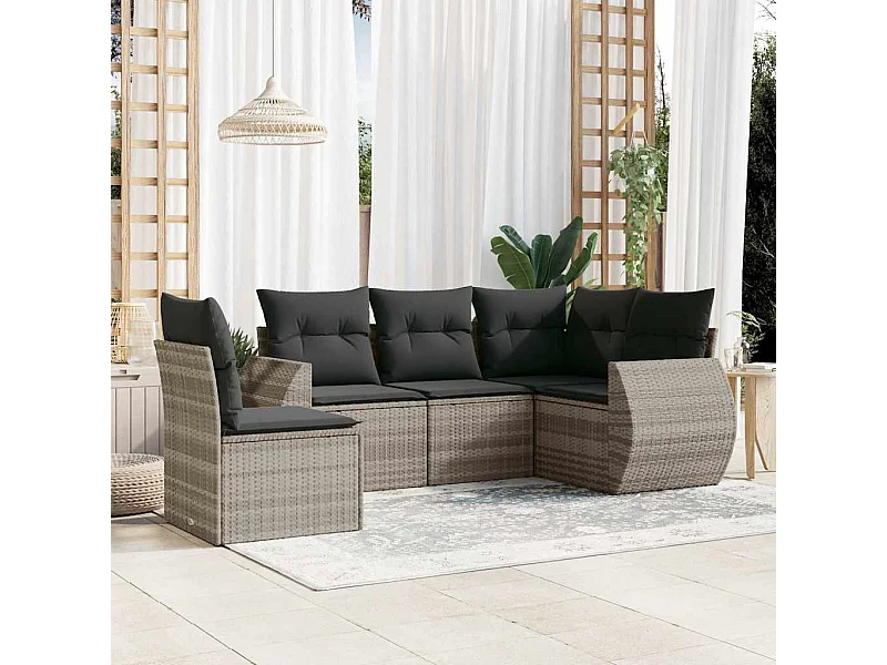 Salon de jardin 5 pièces avec coussins gris clair résine tressée