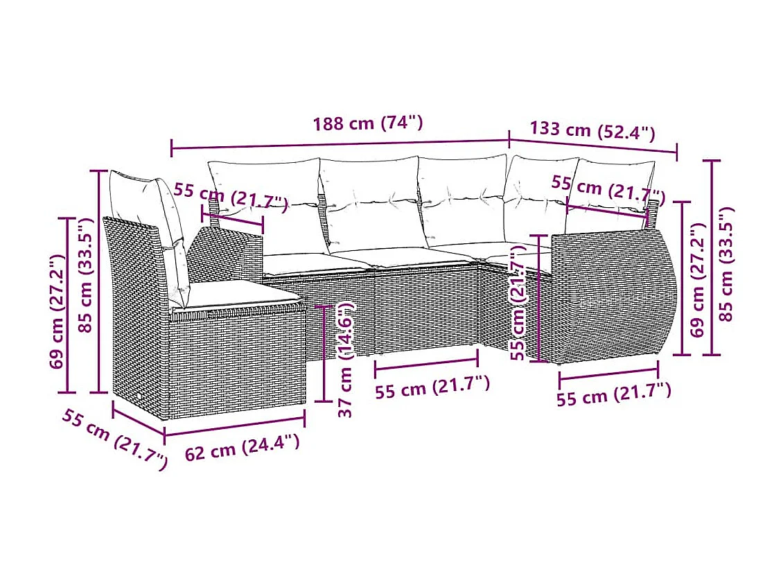 Set de sofás jardín y cojines 5 piezas ratán sintético gris claro