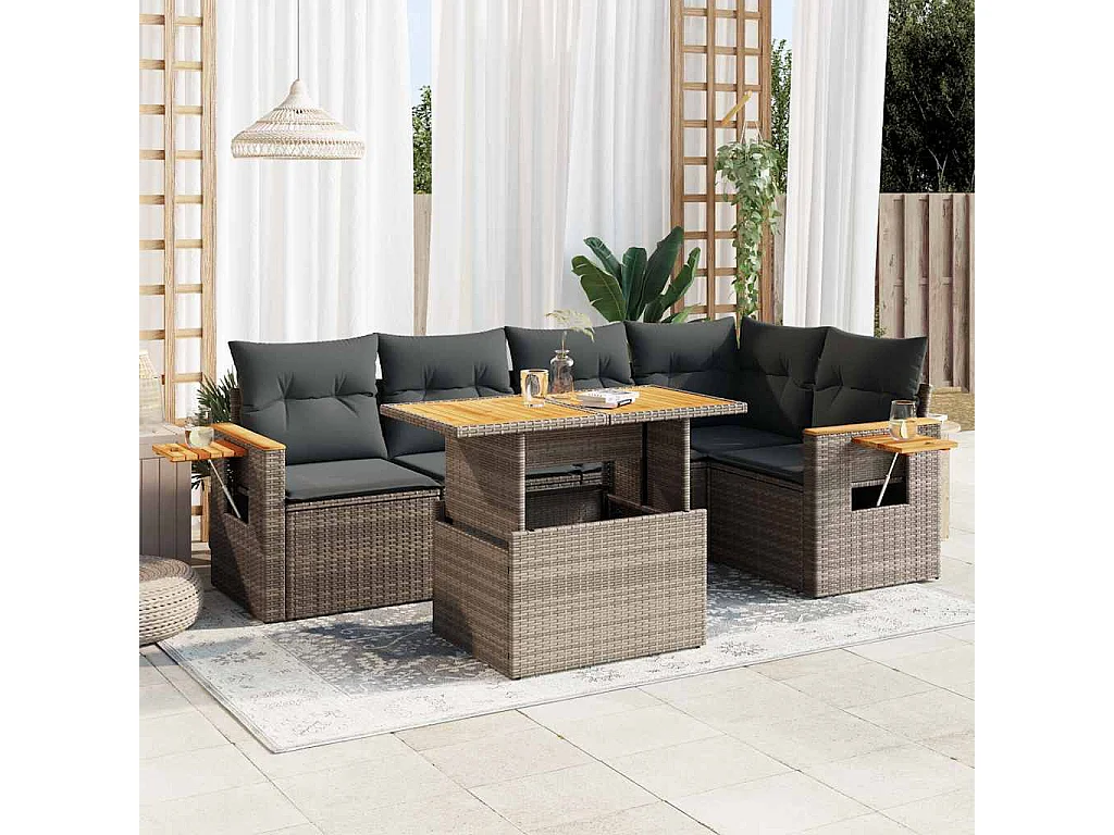 Salon de jardin 5 pièces avec coussins gris résine tressée acacia