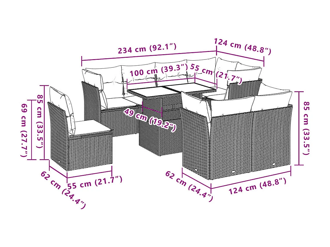 9-delige Loungeset met kussens poly rattan lichtgrijs
