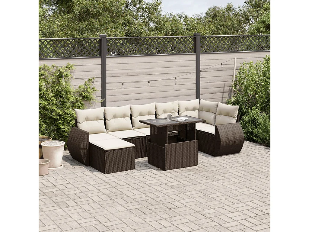 Salon de jardin 8 pièces avec coussins marron résine tressée