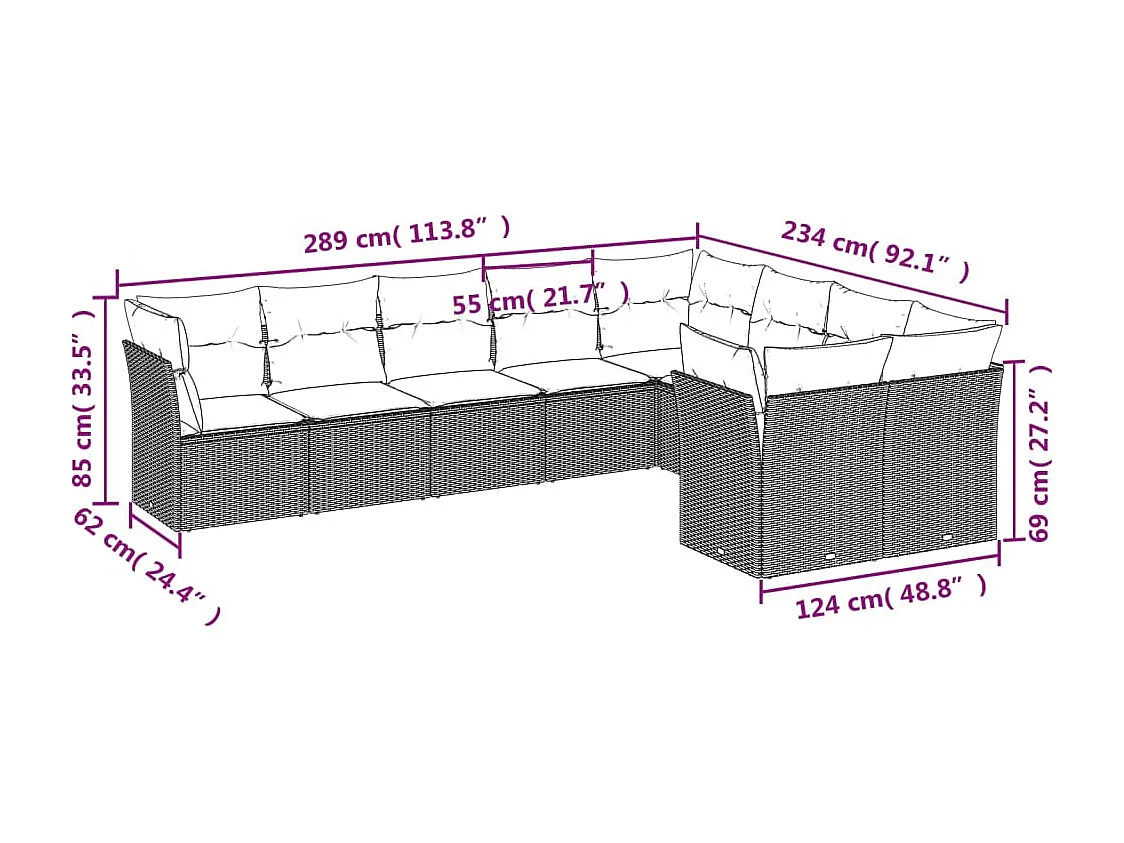 9 peças conj. sofás jardim com almofadões vime PE cinzento-claro