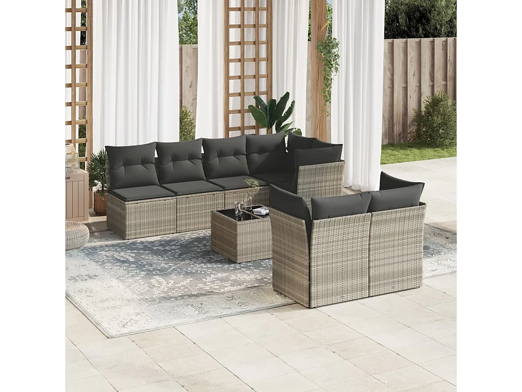 8-delige Loungeset met kussens poly rattan lichtgrijs