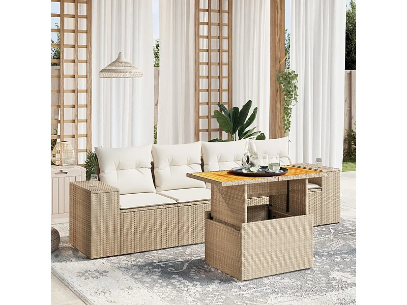 Juego de sofás jardín con cojines 5 piezas ratán sintético beige