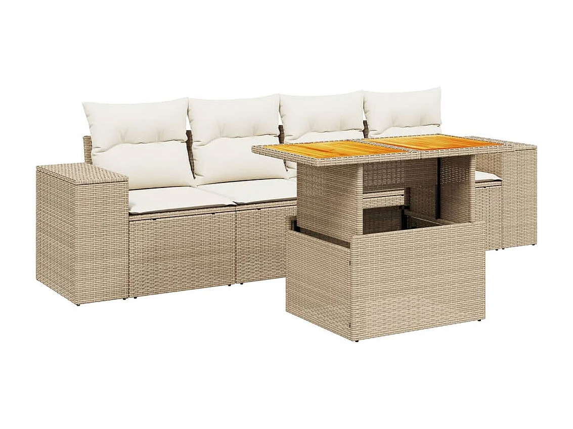 5 peças conjunto de sofás para jardim com almofadões vime PE bege