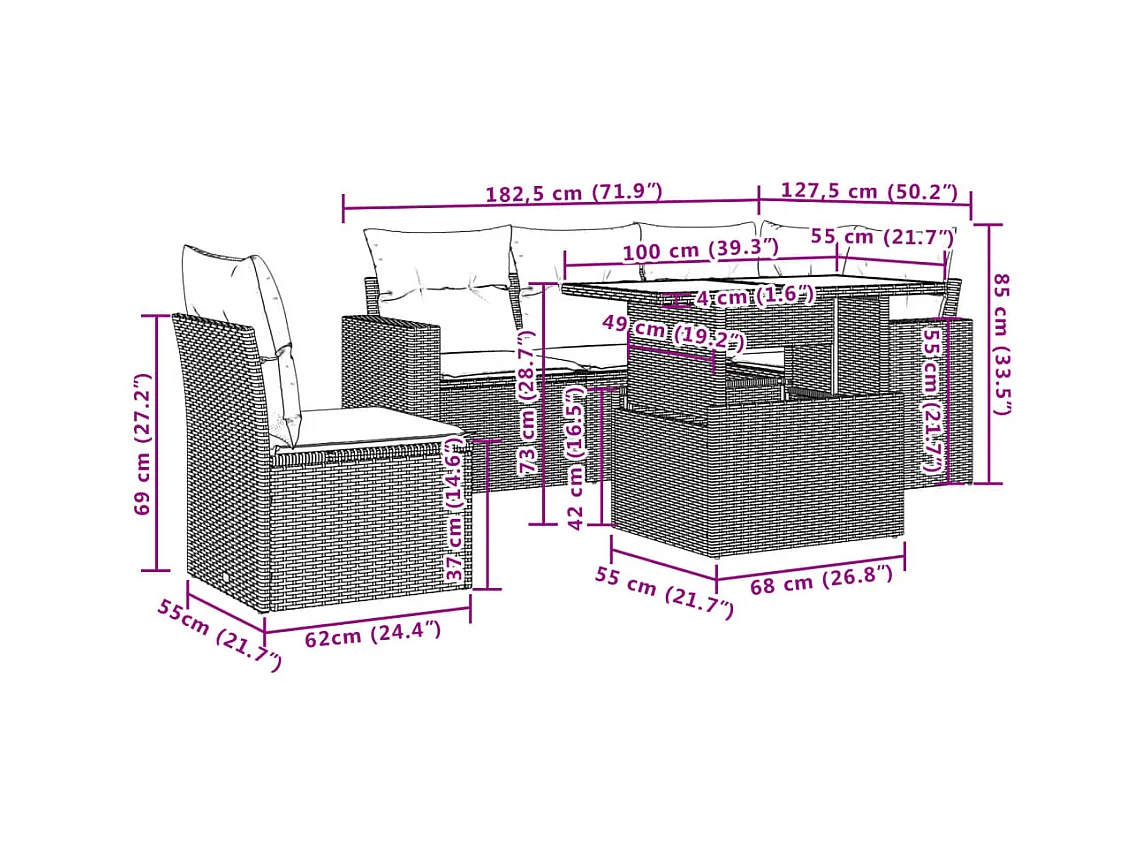 Salon de jardin avec coussins 6 pièces marron résine tressée