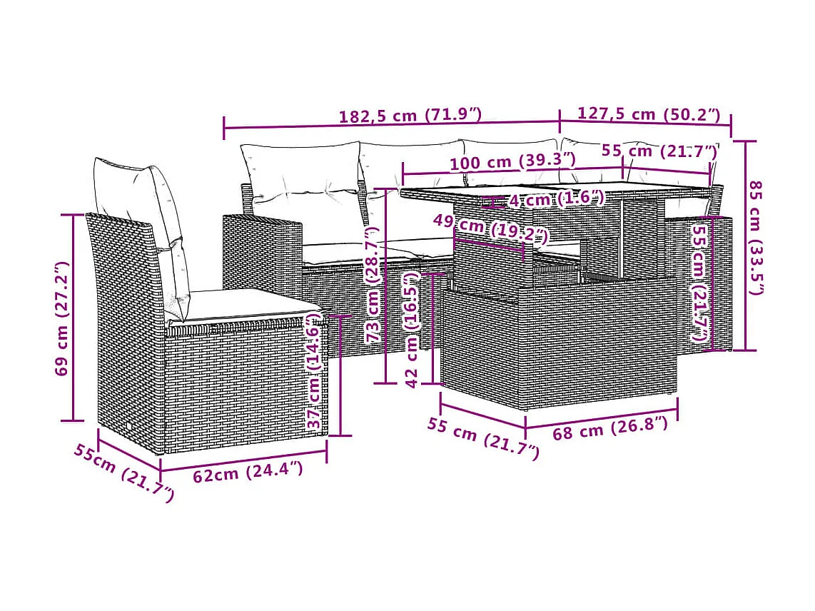 6-delige Loungeset met kussens poly rattan bruin