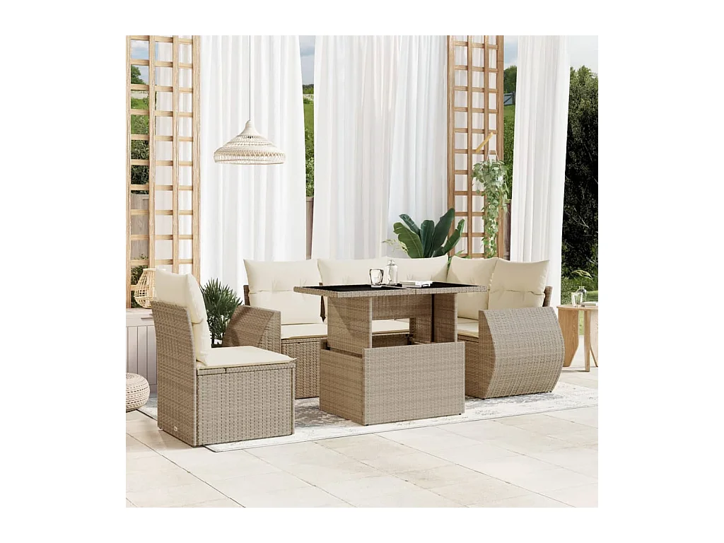 Salon de jardin avec coussins 6 pièces beige résine tressée