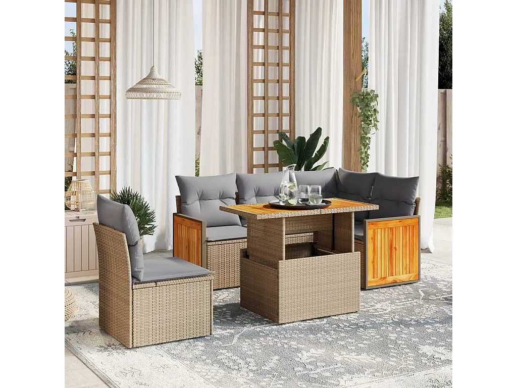 Salon de jardin avec coussins 6 pièces beige résine tressée