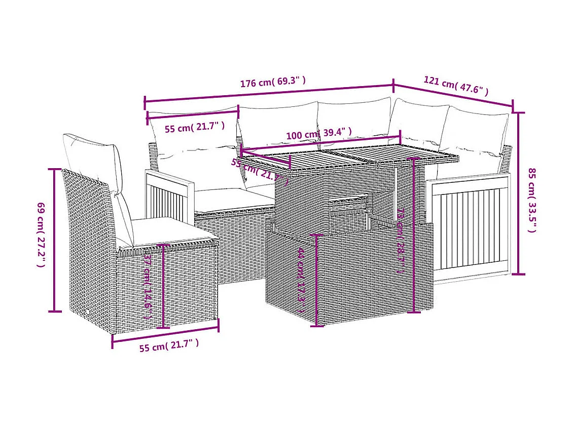 Salon de jardin avec coussins 6 pièces beige résine tressée
