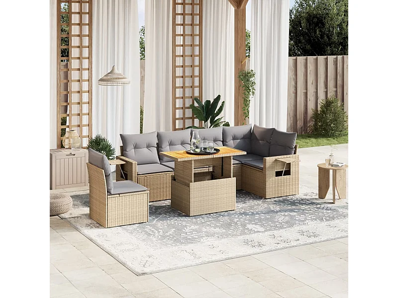 Salon de jardin avec coussins 7 pièces beige résine tressée