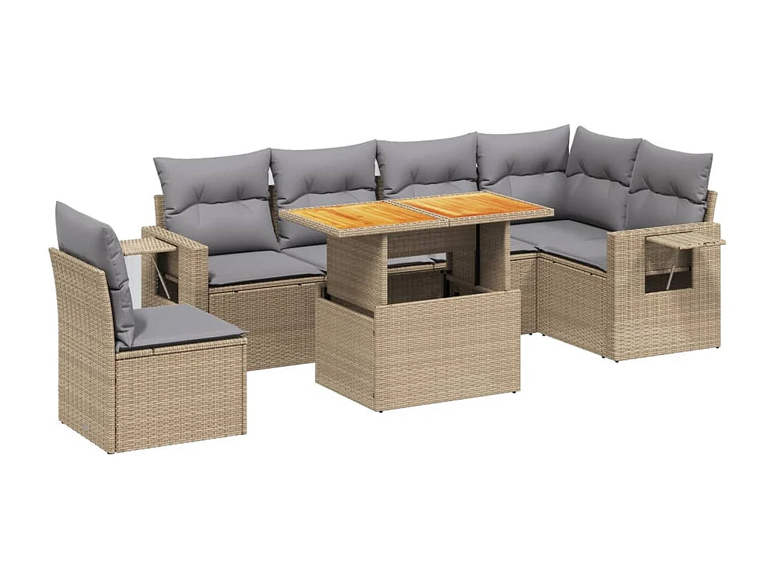 7-delige Loungeset met kussens poly rattan beige