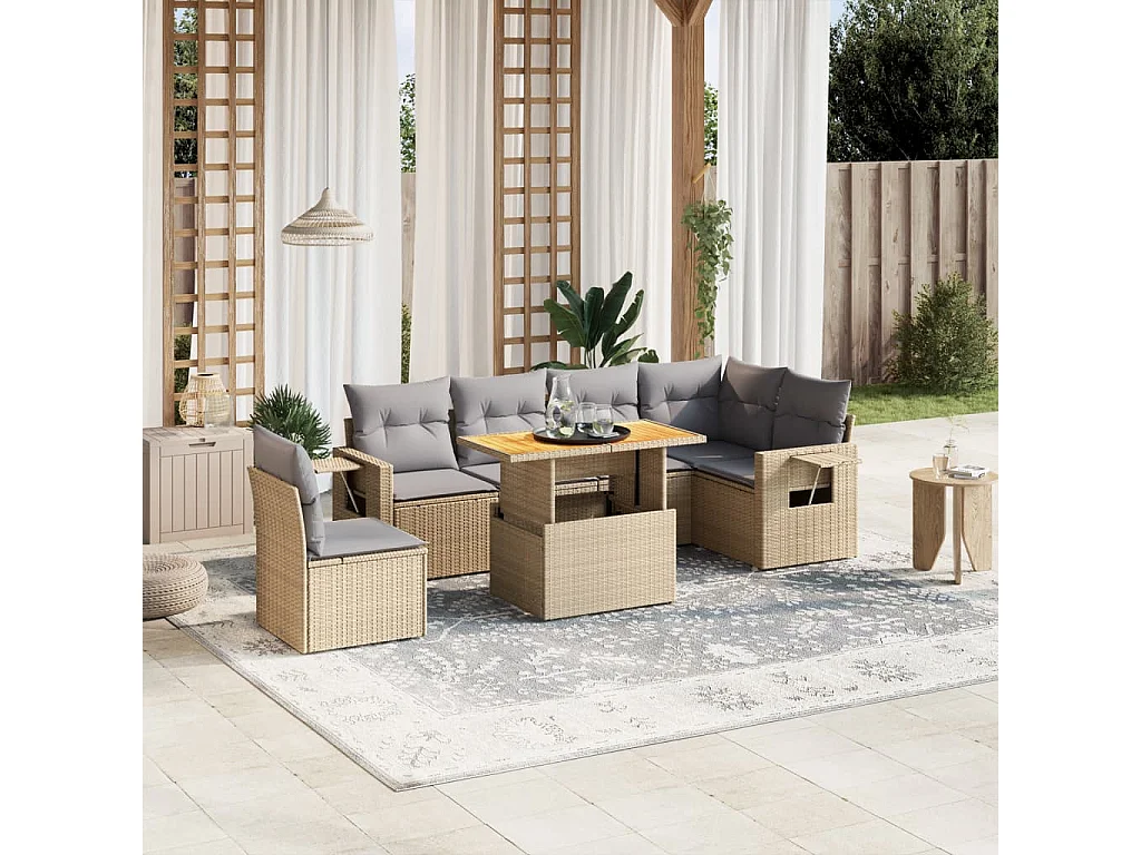 Salon de jardin avec coussins 7 pièces beige résine tressée