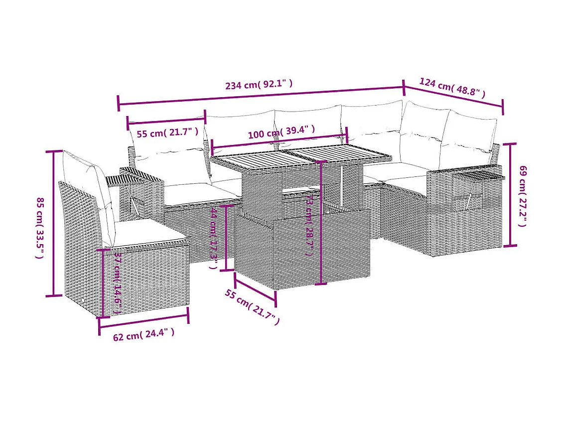 Salon de jardin avec coussins 7 pièces beige résine tressée