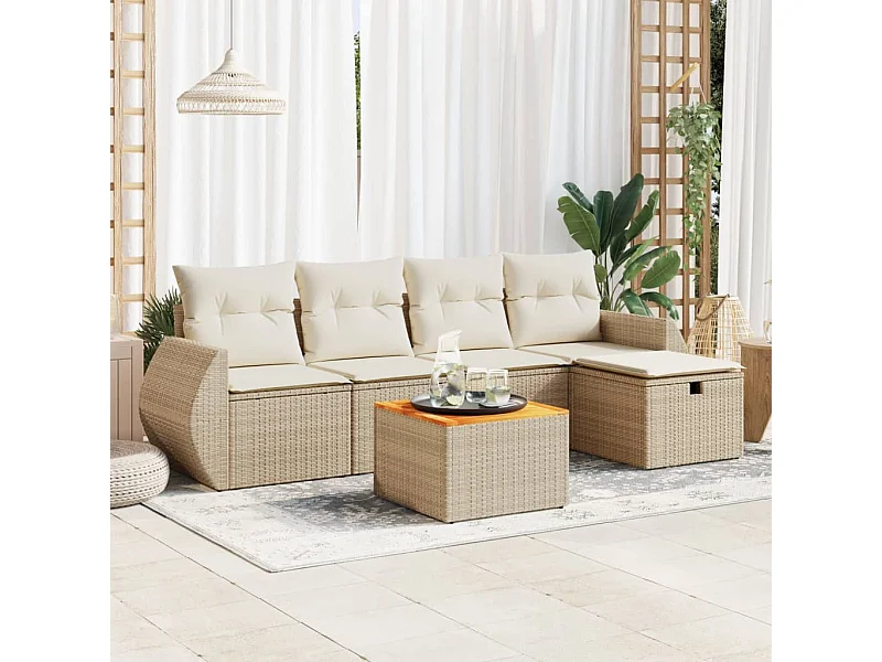 6-delige Loungeset met kussens poly rattan beige
