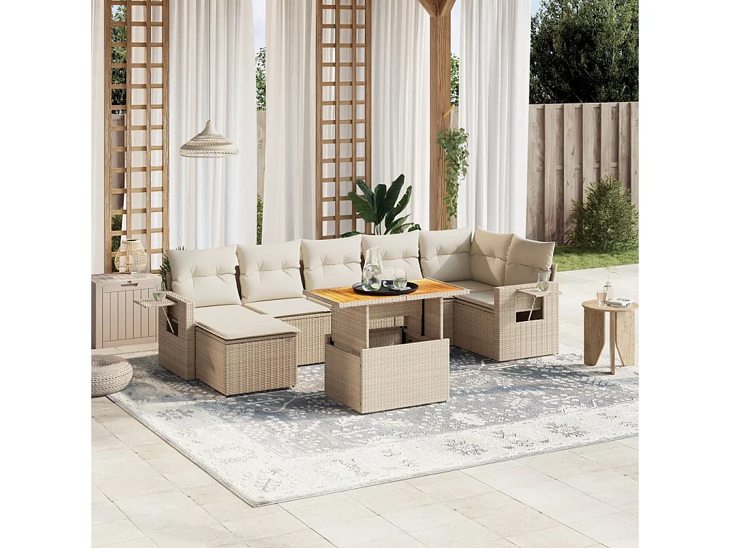 Salon de jardin avec coussins 8 pièces beige résine tressée