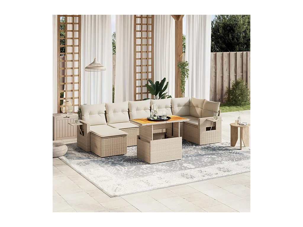 Salon de jardin avec coussins 8 pièces beige résine tressée