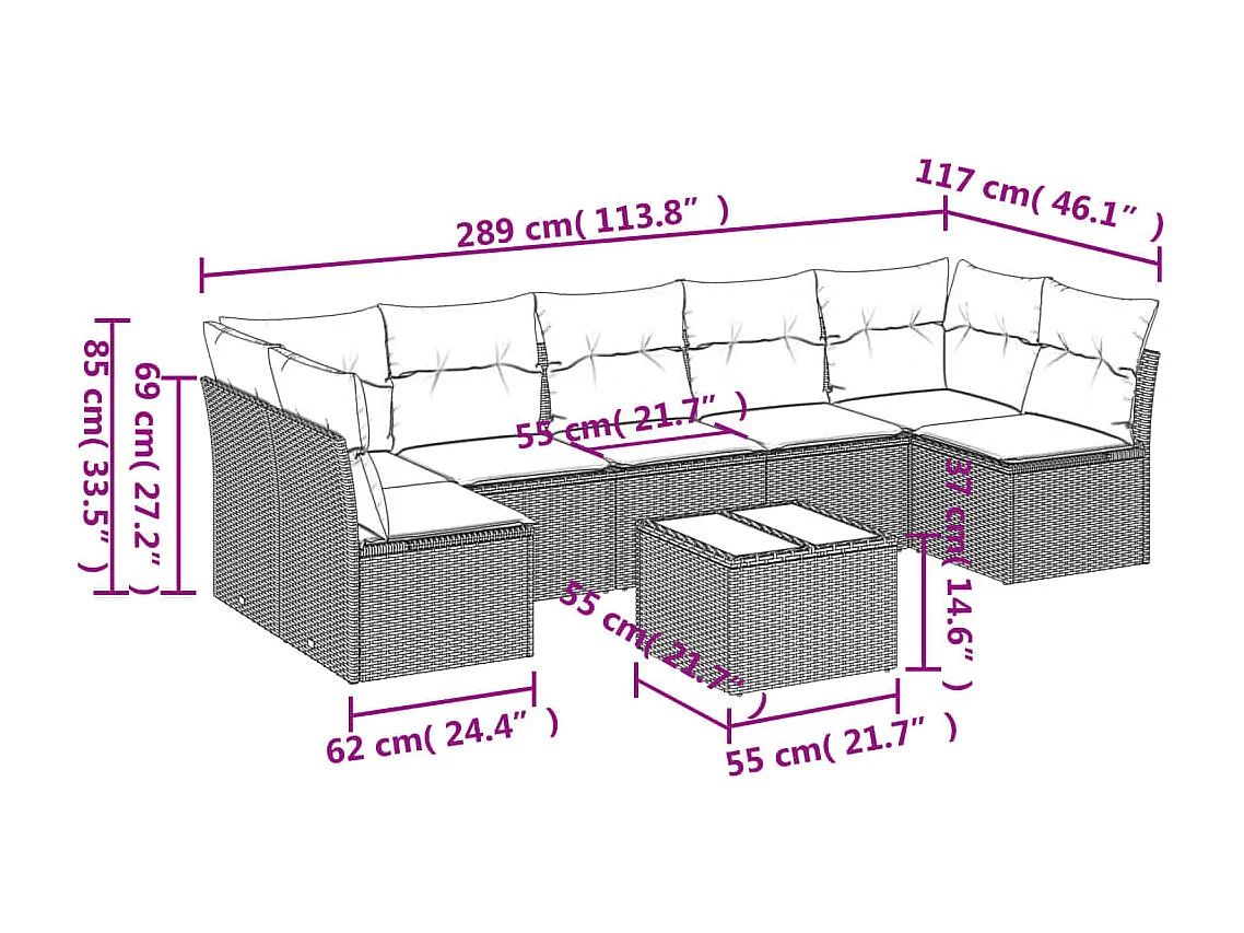 8-delige Loungeset met kussens poly rattan bruin