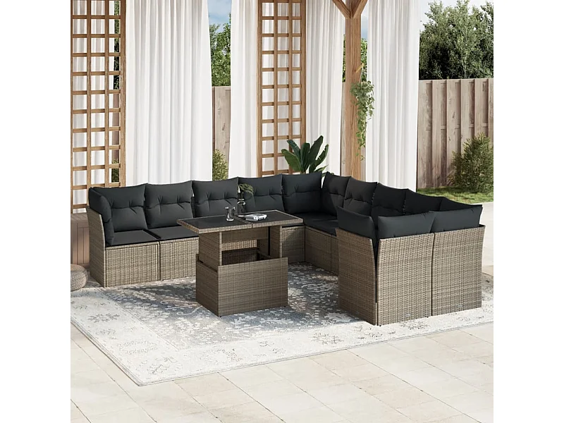 Set de sofás de jardín 11 piezas y cojines ratán sintético gris