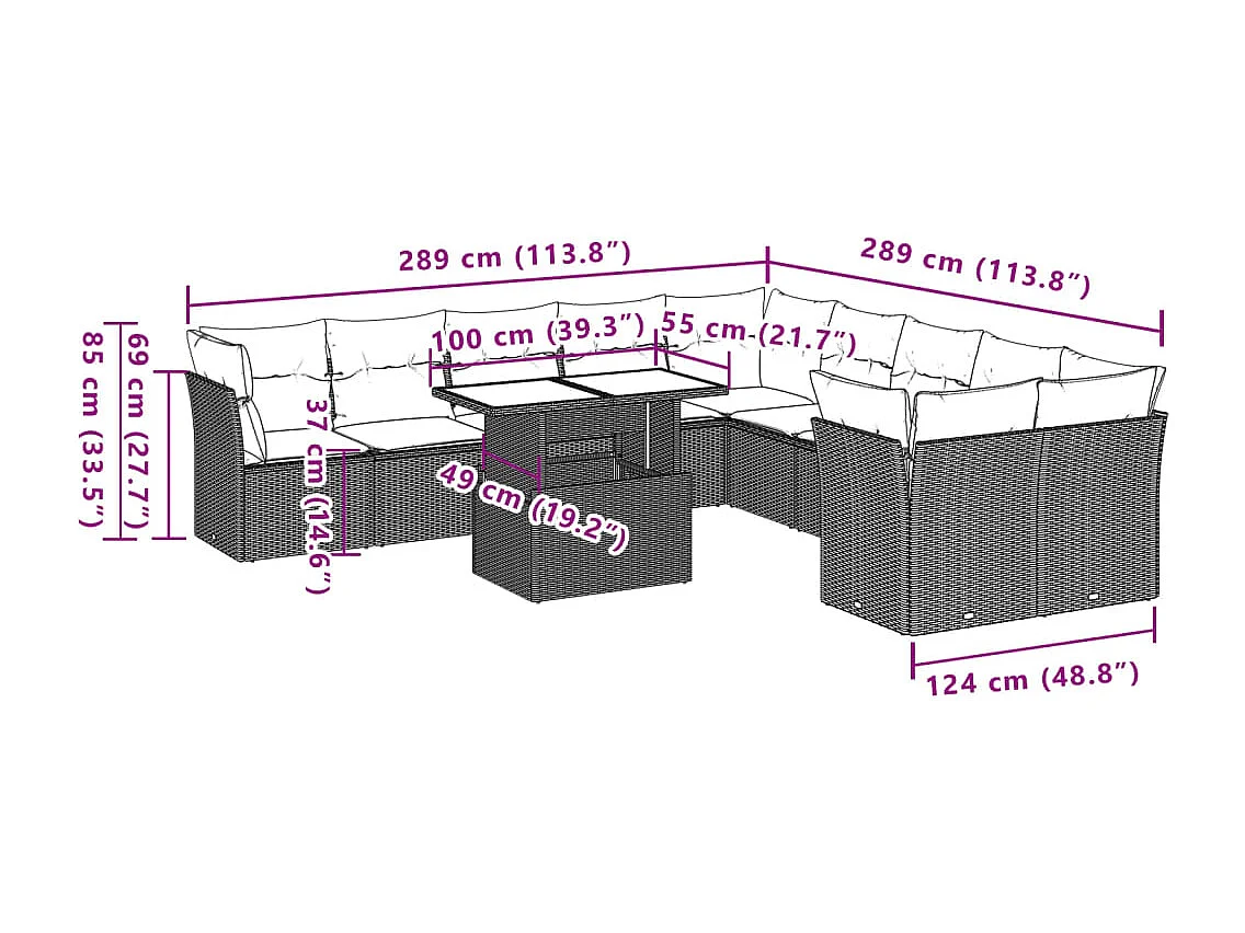 11-delige Loungeset met kussens poly rattan lichtgrijs