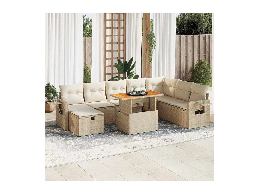 Salon de jardin avec coussins 9 pièces beige résine tressée acacia