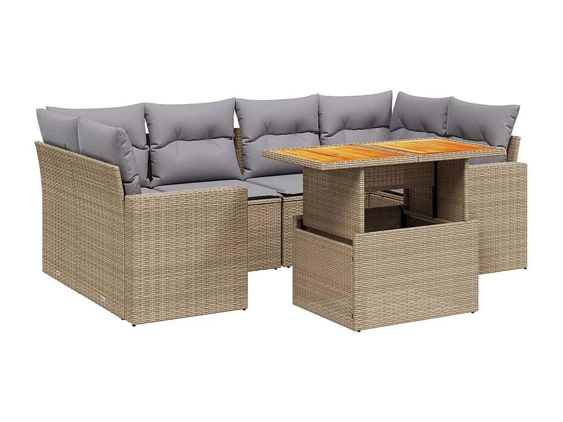 7-delige Loungeset met kussens poly rattan beige