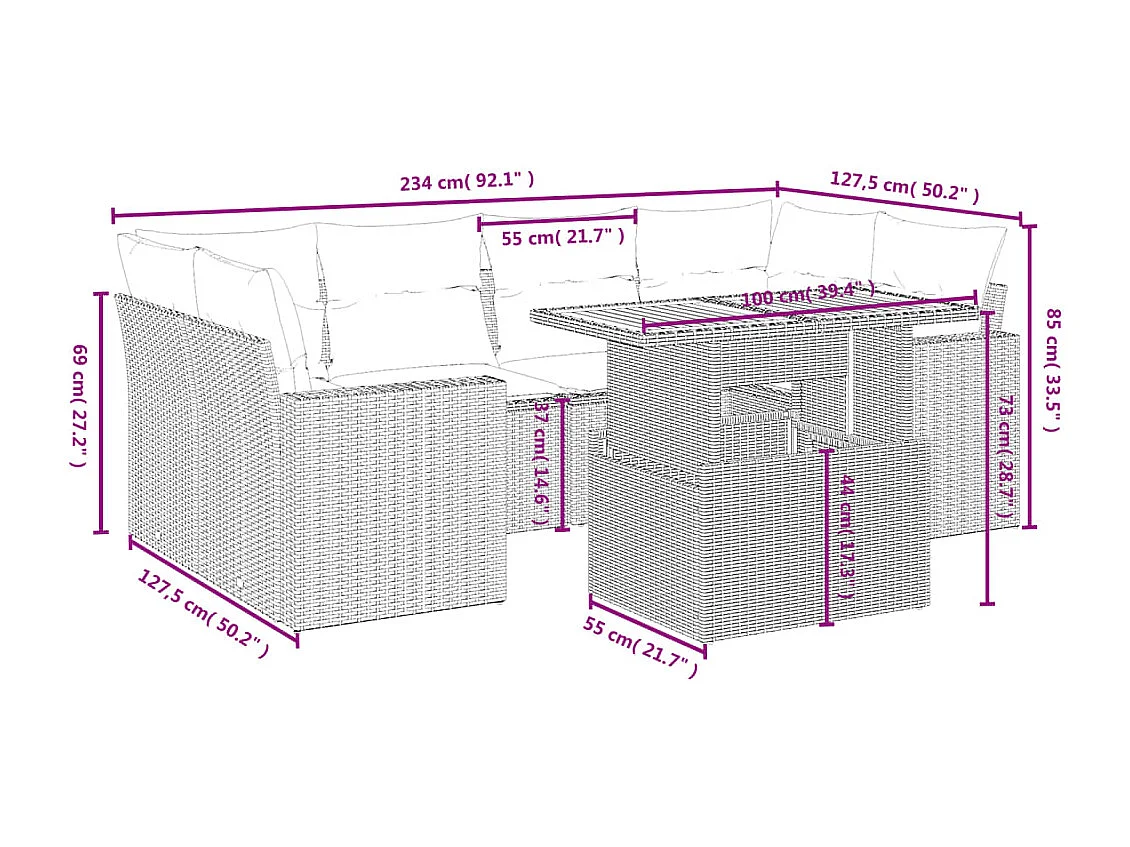 Salon de jardin avec coussins 7 pièces beige résine tressée